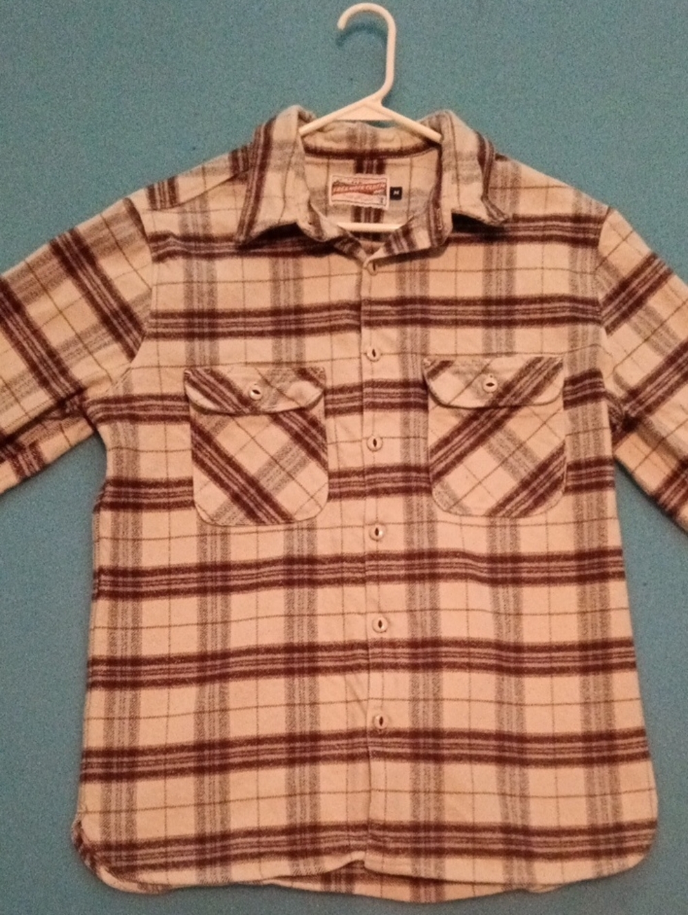Men's Freenote Cloth New w/o Tags Medium Cream and Brown Plaid Button-Up Flannel